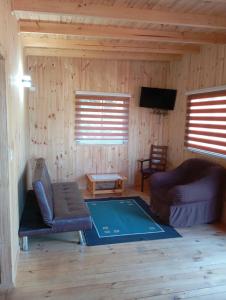 a living room with a couch and a tv at Cabaña el descanso in Pelluhue