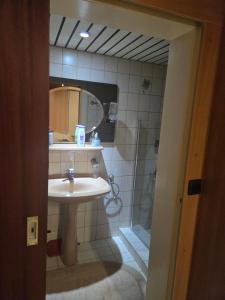 a bathroom with a sink and a shower at Messeapartment nahe Düsseldorf in Meerbusch +1 photo
