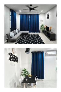 two pictures of a living room with blue curtains at Homestay DprimaSJHome in Temerloh +2 photos