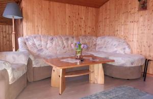 a living room with a couch and a table with flowers at Landhof Kützin Ferienhaus Schwalbe 2 in Wulfskuhl