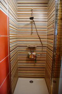a shower with a hose on a striped wall in a bathroom at Chambre et pièce à vivre bucolique in Saint-Pal-de-Mons