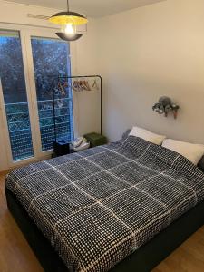 a bedroom with a black and white checkered bed at Appartement Paisible au Vert in Saint-Ouen