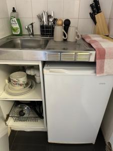 a small kitchen with a sink and a refrigerator at Luxe Central in Sydney