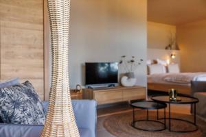 普罗普里亚诺Boutique hôtel Château Rouher的带沙发的客厅和带沙发床的房间