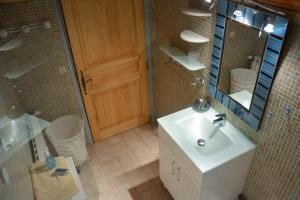 un bagno con lavandino, doccia e specchio di Gites de france 3 epis 5 personnes a mativet a Montbrun Altre 17 foto