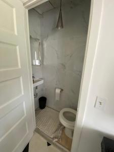 ein weißes Badezimmer mit Toilette und Waschbecken in der Unterkunft Lighthouse Point in Ashtabula