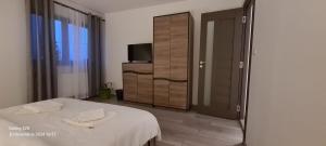 a bedroom with a bed and a dresser and a mirror at Casa Alex in Gălăuţaş