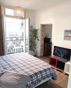 a bedroom with a bed with a checkered blanket at le balcon de Saint Roch in Montpellier +23 photos