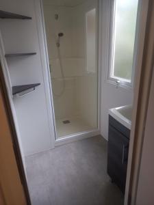 Un baño con ducha, lavabo y espejo. en MOBIL HOME le BALARUCOIS, en Valras-Plage