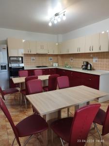 a kitchen with wooden tables and red chairs at Vilman House in Râşnov
