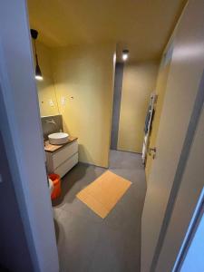 a small bathroom with a sink and a toilet at Modern oasis of peace with garden, top public transport in Düsseldorf