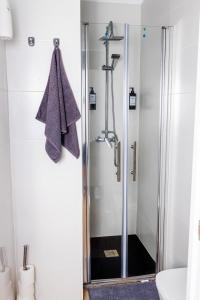 a shower with a glass door in a bathroom at Triana Riverside in Seville
