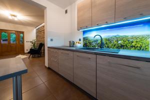 a kitchen with a fish tank in the wall at Agroturystyka Folwarczek Pokoje i Apartamenty in Ustroń