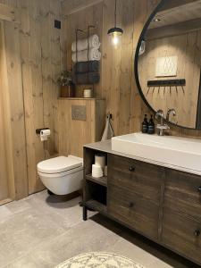 ein Badezimmer mit Waschbecken, Toilette und Spiegel in der Unterkunft Beautifully styled mountain lodge with high standards, 10 minutes from Geilo in Geilo