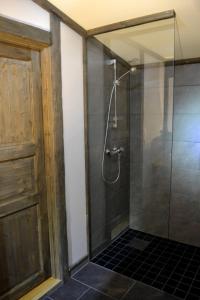 a bathroom with a shower with a glass door at Fredvang Seahouse, apartment A in Fredvang
