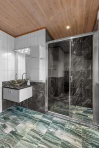 a bathroom with a shower and a sink at Northstay - Grimsby House in Tromsø