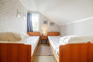 SennesvikにあるNorheim, Nordlandshus i fredelig vikの窓付きの小さな部屋のツインベッド2台