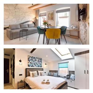 トルンにあるSteel And Wood Apartmentの寝室とリビングルームの2枚の写真