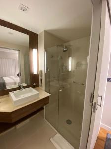 un bagno con lavandino e doccia in vetro di Clarion Faria Lima a San Paolo