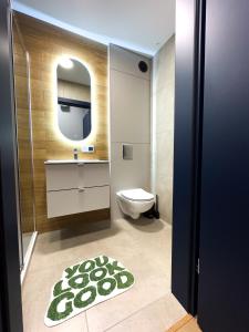 a bathroom with a toilet and a mirror and a rug at Apartament w Centrum z widokiem na Stare Miasto Zamość in Zamość +11 photos