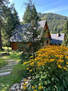 a garden of yellow flowers in front of a house at Reset Bieszczady in Bystre