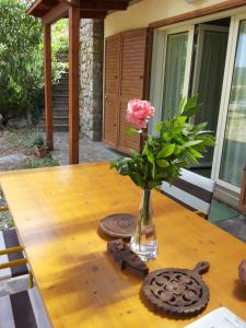 a vase with a pink rose on a wooden table at L'Amabile Geko in Rio Marina