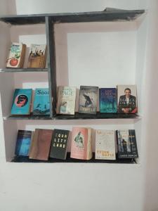 a bunch of books on a shelf at Bagol Palace in Udaipur
