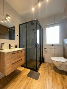 a bathroom with a shower and a sink and a toilet at Wiślańska Dolina in Wisła +64 photos