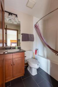 een badkamer met toilet, wastafel en bad bij Fire Mountain Lodge in Canmore