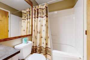 un baño con inodoro y ducha en Ski 'n' Stay, en Ludlow 18 fotos más