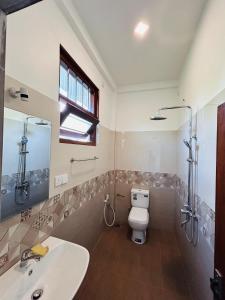 a bathroom with a sink and a toilet and a mirror at Sun Rusiru villa in Koggala