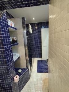 a blue tiled bathroom with a shower and a toilet at Apartamento supercéntrico "Tarraco Arena" con ascensor y parking incluído in Tarragona