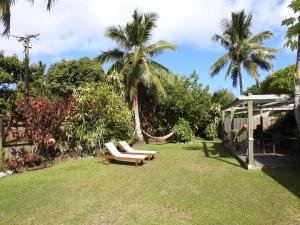 a yard with a hammock and two palm trees at Aremango Guesthouse in Rarotonga