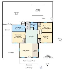 un plan d'étage d'une maison dans l'établissement Beautiful Centrally Located Beach House w King Bed, Private Hot tub, Yard, Deck & BBQ, à Myrtle Beach