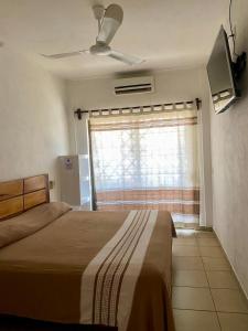 una camera da letto con un letto, una televisione e una finestra di Hotel Posada Casa del Abuelo a Santa Cruz Huatulco