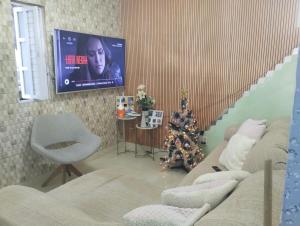 sala de estar con TV y árbol de Navidad en Casa de praia VIP madre de Deus espaço inteiro térreo, en Madre de Deus