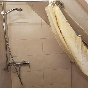 a shower with a shower curtain in a bathroom at Sonnenhaus Oppenhausen in Boppard +54 photos