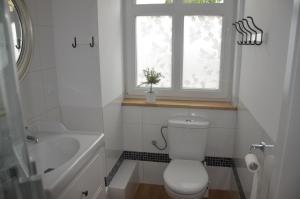 ウストカにあるBiały Domのバスルーム(トイレ、洗面台付)、窓が備わります。