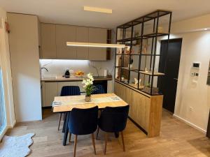 a kitchen and dining room with a table and chairs at Luxury apartment Gabi 1 in Slavonski Brod