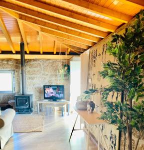 a living room with a wooden ceiling and a fireplace at Pedacinho do Céu in Vieira do Minho