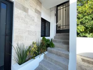 una porta d'ingresso di una casa con scale e piante di Departamentos DOS21 a Mazatlán