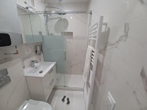 een badkamer met douche, toilet en wastafel bij La Demeure du Chevalier in Saint-Cyr-lʼÉcole