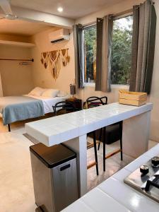 ein Zimmer mit einer Küche und ein Schlafzimmer mit einem Bett in der Unterkunft Mangal Suites in Brisas de Zicatela