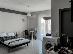 ein Schlafzimmer mit einem Bett und einer Waschmaschine in der Unterkunft Martheo Studios 2 in Mytilini + 7 Fotos