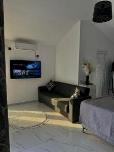 Una sala de estar con un sofá y un televisor. en Ranc Mujica, en Bar