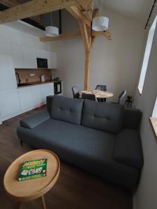 a living room with a blue couch and a table at Apartmán Na Běžkách in Janov nad Nisou +17 photos