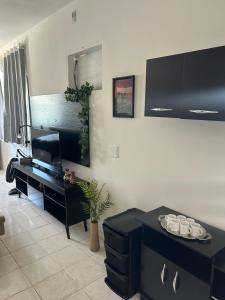 a living room with a desk and a table with a plant at Cozy Kitnet on Costa Beach in Vila Velha