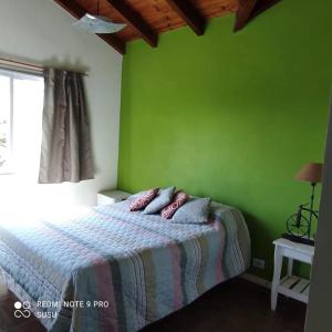 ein Schlafzimmer mit grünen Wänden und einem Bett mit Kissen in der Unterkunft Casa El ALto 1 in Villa General Belgrano
