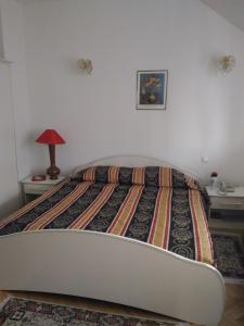 ブカレストにあるPensiunea Helvetiaのベッドルーム1室(ベッド1台、ランプ付きテーブル付)