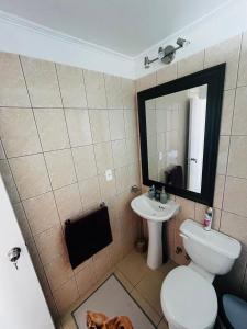 a bathroom with a toilet and a sink and a mirror at Casa 3 dormitorios acogedora se arrienda diario mínimo dos noches in Valdivia